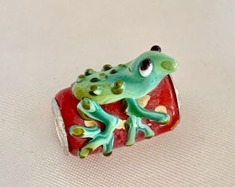 Lampwork Green Frog Toad Red Glass Bead 925 Silver End Caps, Handmade Animal Reptile Large Hole Barrel Tube Drum Bead DIY Jewelry Supply