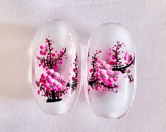 Pink Cherry Blossom Floral Chinese Inside Painting Handmade Glass Bead, Inner Drawing Artisan Hand Painted DIY Jewelry Making Craft Supply