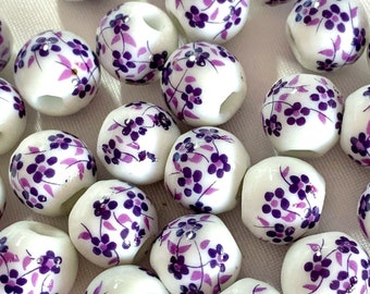 5 Perles En Céramique Porcelaine Rondes Plates 14mm Violet Mauve - Lot De 5 - Réf. 4558