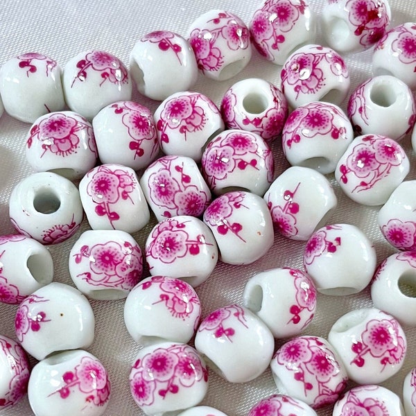 8mm Ceramic Pink Cherry Blossom Beads, Chinese Delft Mauve Peony Porcelain Round Bead, Chinoiserie Flower Floral Spacer DIY Jewelry Making