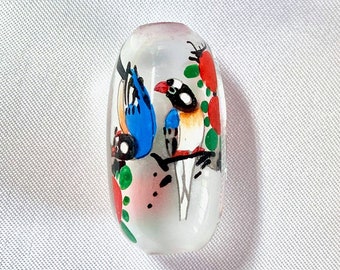 Twin Oriental Magpie Floral Chinese Inside Painting Handmade Glass Bead, Inner Drawing Artisan Hand Painted DIY Jewelry Making Craft Supply