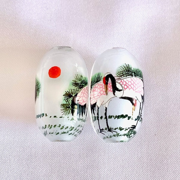 Twin Crane Stork Bird Chinese Inside Painting Handmade Glass Bead,Inner Reverse Drawing Artisan Hand Painted DIY Jewelry Making Craft Supply