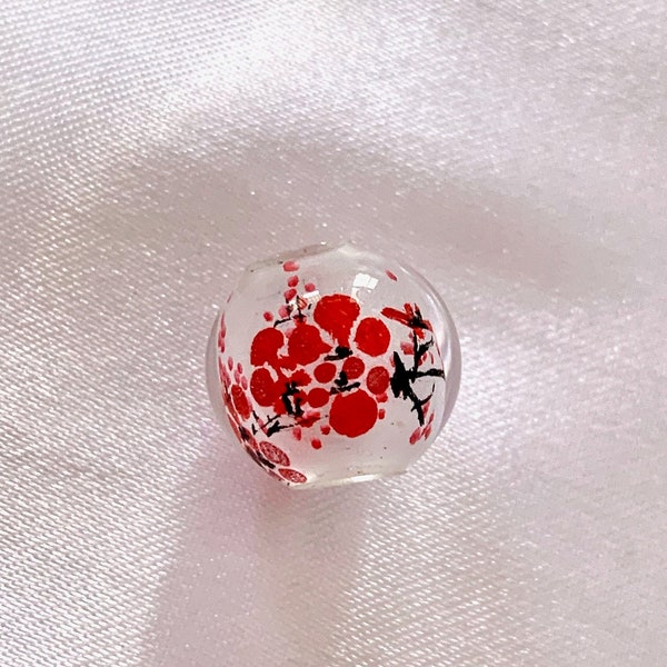 14mm Red Cherry Blossom Chinese Inside Painting Handmade Glass Bead, Inner Drawing Artisan Hand Painted Jewelry Making Supply, Focal Spacer