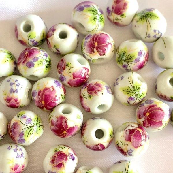 12mm Mauve Flower Beads, Chinese Porcelain Round Chinoiserie Plum Pink Floral Spacer Focal Bead for DIY Macarame Jewelry Making Supply