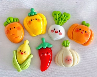 Set of 7 Baby Veggie Smiling Face Flat Back Resin Cabochon, Dollhouse Mini Fake Farm Vegetable Food Charm, Decoden for Hair DIY Accessories