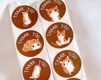 Brown Ginger Cat Thank You Round Stickers, 1 Inch / 2.5cm Wide Kitty Kitten Pet Animal Assorted Decal Label for Small Business Packaging