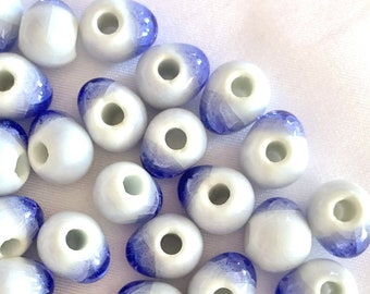 10mm Crackle Ceramic Indigo White Tear Drop Shaped Bead, Chinese Blue Purple Unique Donut Porcelain Spacer DIY Jewelry Making Supply