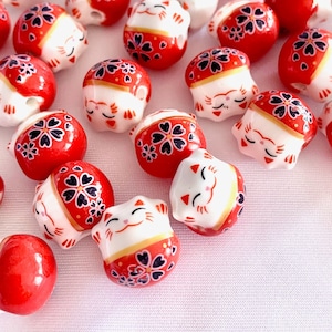 Red Lucky Fortune Cat Ceramic Bead, Porcelain Maneki Neko Pet Animal Chinoiserie Spacer Focal for DIY Jewelry Making Macramé Craft Supply