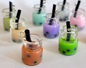 Boba Milk Tea Resin Charm, Cute Unique Assorted Miniature Fake Food Matcha Green Tea Coffee Refresher Beverage Drink for DIY Jewelry Making