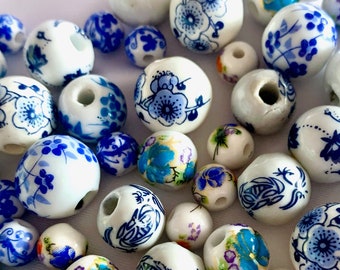 Delft Blue Ceramic Bead Soup Mix, Assorted Porcelain Round Flat Barrel Drum Chinoiserie Floral Flower Spacer Focal Jewelry Making Supply