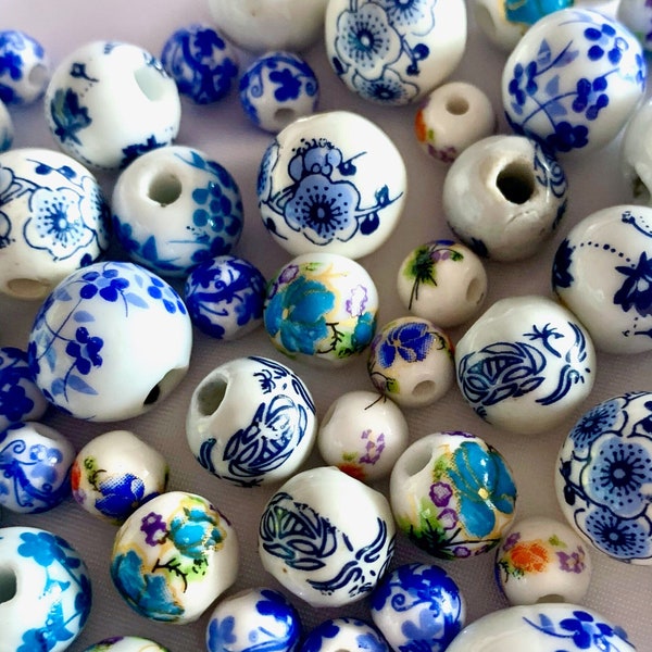 Delft Blue Ceramic Bead Soup Mix, Assorted Porcelain Round Flat Barrel Drum Chinoiserie Floral Flower Spacer Focal Jewelry Making Supply