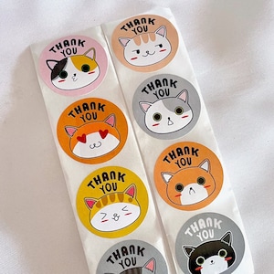 Pegatinas redondas de agradecimiento con forma de cara de gato, 1 pulgada/2,5 cm de ancho, surtido de gatitos, mascotas, amantes de los animales, para embalaje de pequeñas empresas