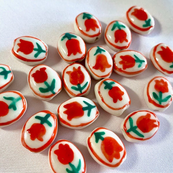 Hand Painted Oval Red Tulip Ceramic Beads, Flat Flower Cabochon Rose Bead, Handmade Floral Spacer Focal Bead Jewelry Making DIY Supplies
