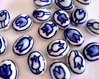 Hand Painted Oval Tulip Delft Blue Ceramic Beads, Flat Flower Cabochon Bead, Handmade Floral Spacer Focal Bead Jewelry Making DIY Supplies