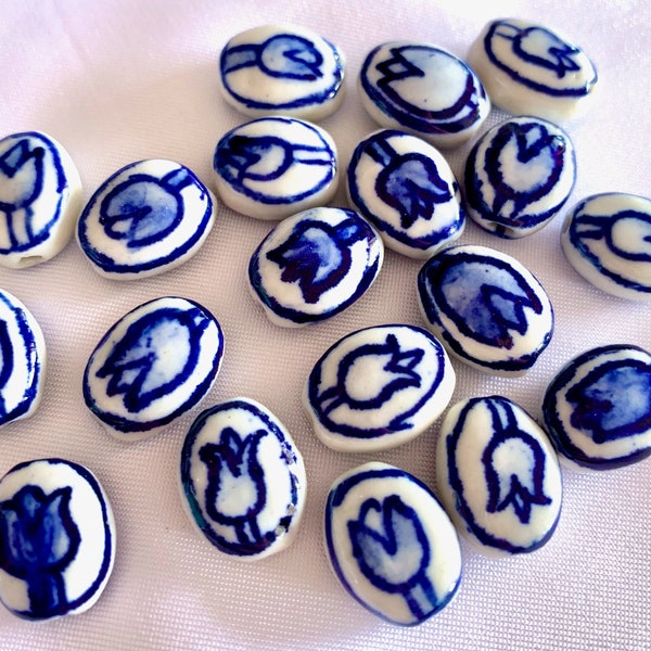 Hand Painted Oval Tulip Delft Blue Ceramic Beads, Flat Flower Cabochon Bead, Handmade Floral Spacer Focal Bead Jewelry Making DIY Supplies