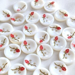 11mm Red Rose Mother of Pearl Shell Two Hole Flat Button, Elegant Flower Floral Undyed Natural Nacre MOP DIY Sewing Scrapbooking Embroidery