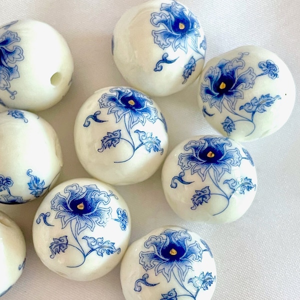 21mm Blue Gold Floral Folk Art Round Ceramic Bead, XL Large Porcelain Chinoiserie Flower Spacer Focal DIY Jewelry Making Macarame Supply