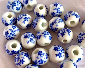 10mm Ceramic Floral Beads, Chinese Delft Blue Flower Porcelain Round Beads, Chinoiserie Spacer Focal Bead for DIY Jewelry Making Supplies