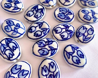 Hand Painted Double Tulip Delft Blue Ceramic Beads, Flat Flower Cabochon Bead, Handmade Floral Spacer Focal Bead Jewelry Making DIY Supplies