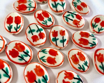 Hand Painted Double Tulip Red Ceramic Beads, Flat Flower Cabochon Rose Bead, Handmade Floral Spacer Focal Bead Jewelry Making DIY Supplies