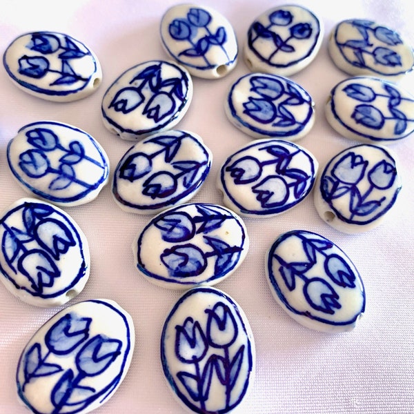 Hand Painted Double Tulip Delft Blue Ceramic Beads, Flat Flower Cabochon Bead, Handmade Floral Spacer Focal Bead Jewelry Making DIY Supplies