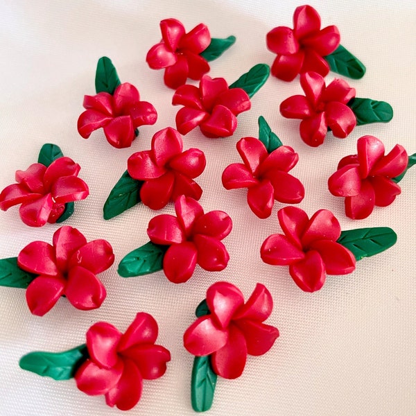 20mm Red Plumeria Tropical Flower 3D Polymer Clay Bead, Fimo Frangipani Floral Spacer Focal DIY Jewelry Making Hair Accessory Supply