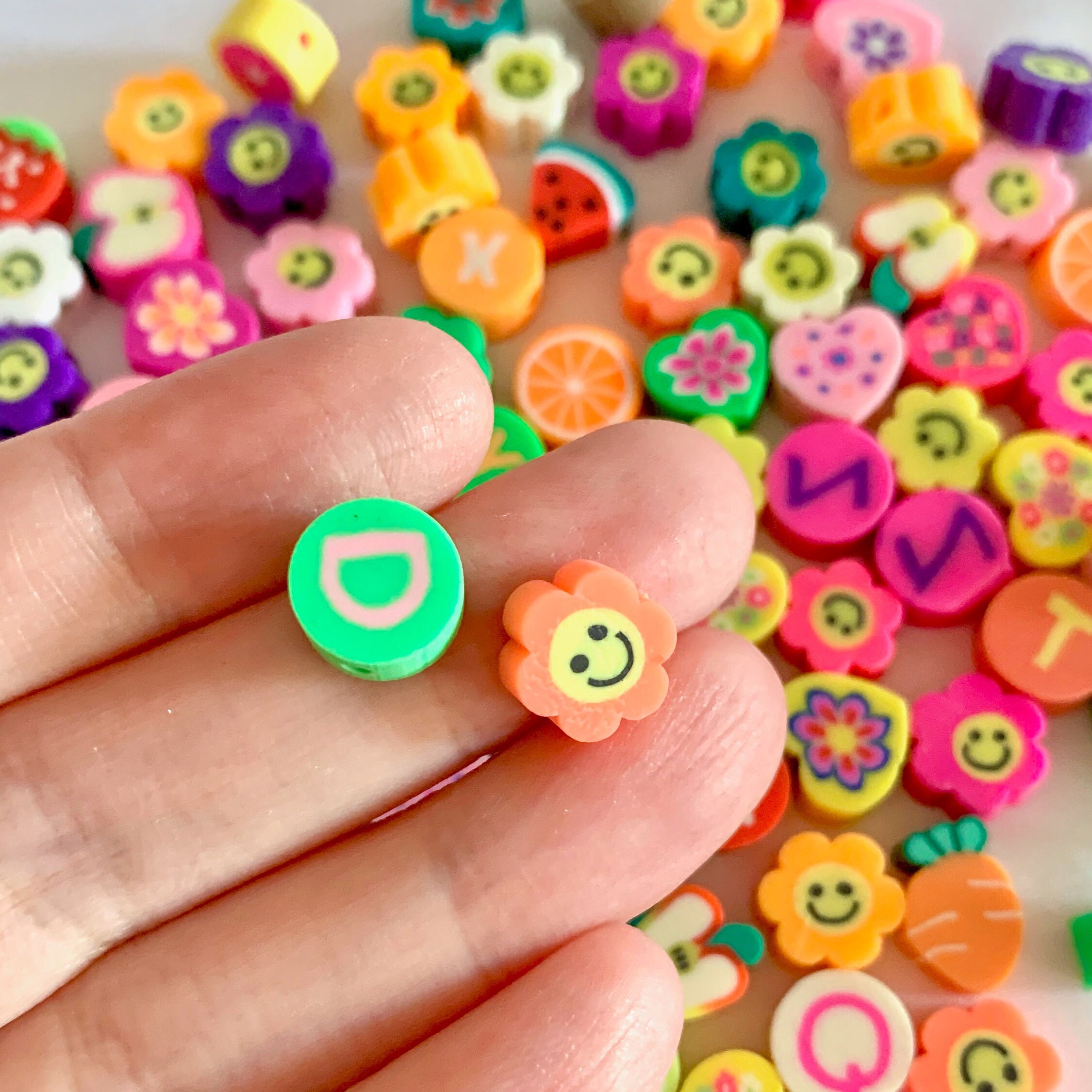 10mm Assorted Smiling Flower Alphabet Fruit Polymer Clay Bead Soup 10mm-assorted-smiling-flower-alphabet-fruit-polymer-clay-bead-soup
