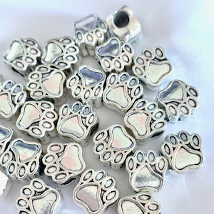 Large Hole Antique Silver Paw Footprint Metal Spacer Bead, Tibetian Silver Animal Pet Pawprint Focal Bead DIY Jewelry Making Craft Supply