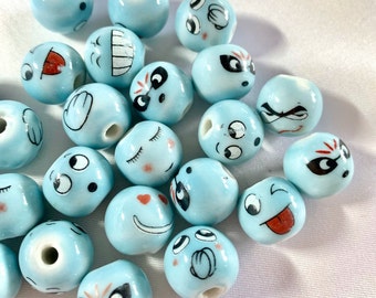 14mm Assorted Ceramic Light Blue Emoji Bead, Porcelain Emoticon Smiley Mix Bag, Round Chinoiserie Spacer DIY Macarame Jewelry Making Supply