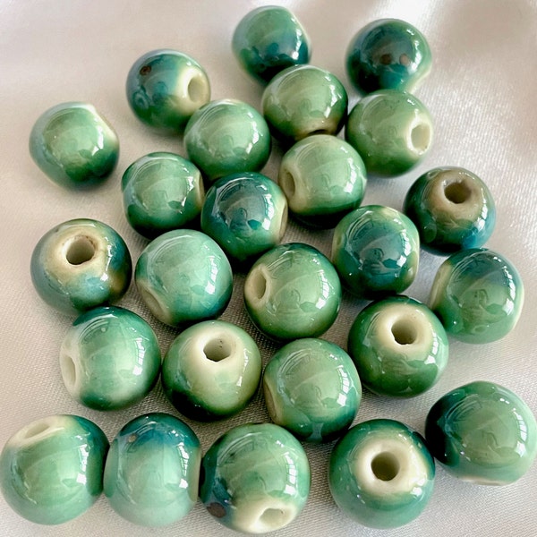 12mm Marbled Seafoam Ceramic Bead, Chinese Delft Ocean Green Blue Porcelain Round Bead, Opaque Chinoiserie Spacer Bead Jewelry Making Supply