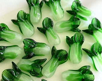 Green Bok Choy Glass Bead, Unique Cute Cabbage Veggie Vegetable Spacer for DIY Jewelry Making Supply, Food Vegan Gardening Plant Charm