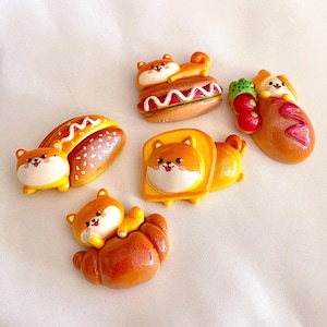 Set of 5 Shiba Inu Bread Flat Back Resin Cabochon, Dollhouse Fake Food Bakery Dog Puppy Charm, Decoden Lover for DIY Hair Phone Accessory