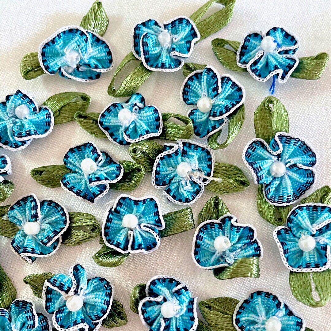 24x12mm Blue Ribbon Flower With Green Leaves & White Bead Pearl Center ...