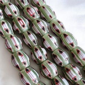 15x13mm Indian Light Green & Red Black White Eyes Chevron Oval Column Barrel Lampwork Glass Bead, Handmade Striped Spacer Focal DIY Jewelry