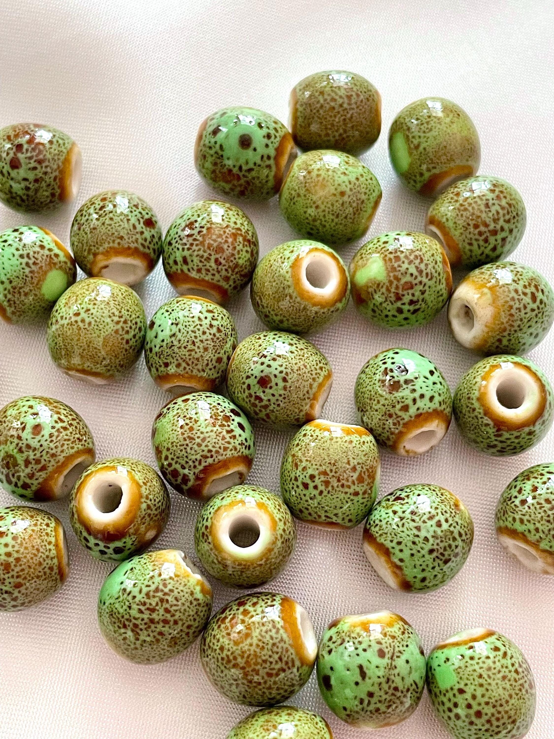 10mm Olive Green Speckled Brown Oval Ceramic Bead, Porcelain Barrel Spacer Focal for DIY Jewelry Making Macramé Craft Supply