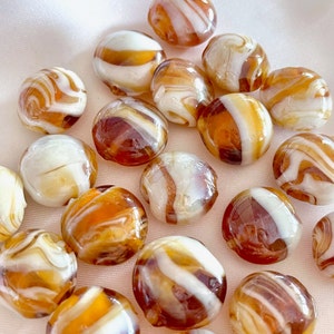 16mm Caramel Brown & White Swirl Marbled Flat Round Lampwork Glass Bead, Unique Striped Light Sepia Spacer Focal DIY Jewelry Making Supply