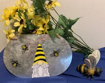 Gnome With Bumblebees And Black and Yellow Hat | Gnome | Bumblebee | Honey Bee | Wreath accent | Decorative Tray | Spring |