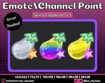 SHINY Eggplant Channel Point Emotes for Twitch Streamers - Emoji, Funny, Meme, Purple, Pink, Aqua