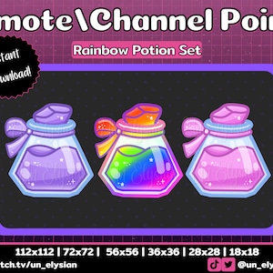 May include: Set of three cartoon potion bottles with rainbow, purple, and pink liquid. The bottles are in different sizes and have a white background with a grid pattern. The text "Rainbow Potion Set" is at the top of the image. The text "Instant Download!" is in a circle at the top left of the image. The text "112x112 | 72x72 | 56x56 | 36x36 | 28x28 | 18x18" is at the bottom of the image. The text "twitch.tv/un_elysian" is at the bottom left of the image. The text "@un_elysian" is at the bottom right of the image.