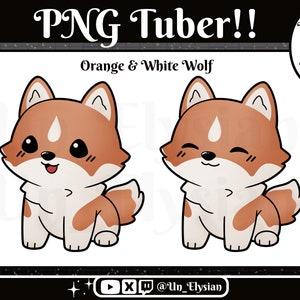 May include: Two cartoon illustrations of an orange and white wolf with a happy expression. The wolf is sitting on its hind legs with its tail curled behind it. The text "PNG Tuber!!" and "Orange & White Wolf" are at the top of the image. The text "Ready To Use!!" is in a speech bubble at the top right of the image.