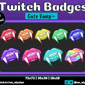 May include: Set of eight colorful Twitch badges featuring a cute vampire mouth with fangs. The badges are available in seven different sizes: 72x72, 36x36, and 18x18 pixels.
