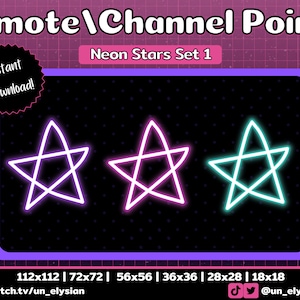 May include: Three neon star channel point emotes in different colors: pink, purple, and teal. The emotes are in the shape of a five-pointed star with a white outline. The text "Neon Stars Set 1" is at the top of the image. The text "112x112 | 72x72 | 56x56 | 36x36 | 28x28 | 18x18" is at the bottom of the image.