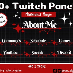 May include: A set of red and white Twitch panels with a minimalist design. The panels include titles such as "About Me", "Commands", "Schedule", "Games", "Youtube", "Socials", and "Discord".