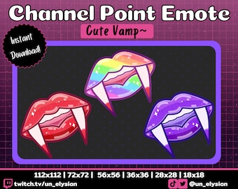 May include: Three animated vampire fangs with different colored lips. The lips are rainbow, red, and purple. The text "Cute Vamp~" is at the top of the image. The text "112x112 | 72x72 | 56x56 | 36x36 | 28x28 | 18x18" is at the bottom of the image.