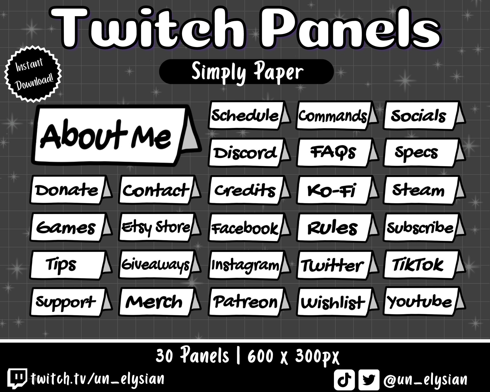 Black and White Twitch Panels 15 Banners Gamer Streamer Retro Theme 