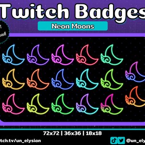 Neon Moons Twitch Sub Badges/Bit Badge Set - Wings, Moon, Celestial, Simple, Colourful, Twitch Badges Pack
