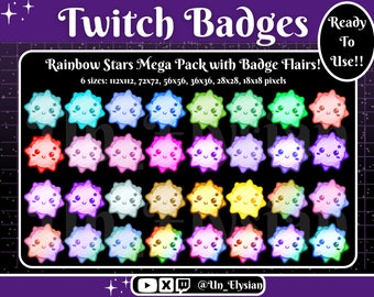 May include: A set of 36 colourful star-shaped Twitch badges with cute faces. The badges come in six sizes: 112x112, 72x72, 56x56, 36x36, 28x28, and 18x18 pixels.