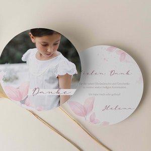 Danksagungskarte zur Kommunion/Konfirmation rund, rosa, Mädchen, individuelle Gestaltung, personalisierte Danksagung