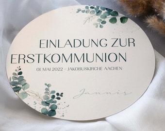 Einladungskarte zur Kommunion rund, Eukalyptus, individuelle Gestaltung, personalisiert