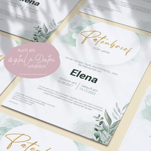 Patenbrief Eukalyptus Gold, Patenurkunde, Taufgeschenk für Patentante oder Patenonkel, A4/A5/digital